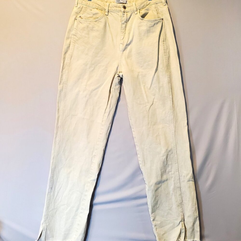 Zara Women's 12 Denim Pants Ivory Winter White Grunge Straight Leg Frayed Hem